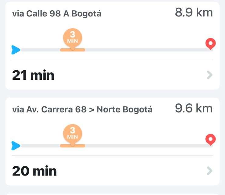 La aplicación de navegación ofrece posibles rutas con el tiempo estimado y la distancia en kilómetros
