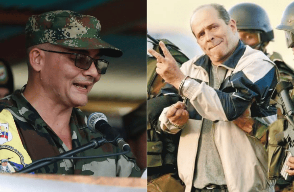 A la izquierda, Iván Mordisco, comandante de las disidencias de FARC autodenominadas Estado Mayor Central. A la derecha, el exjefe de las FARC Simón Trinidad.