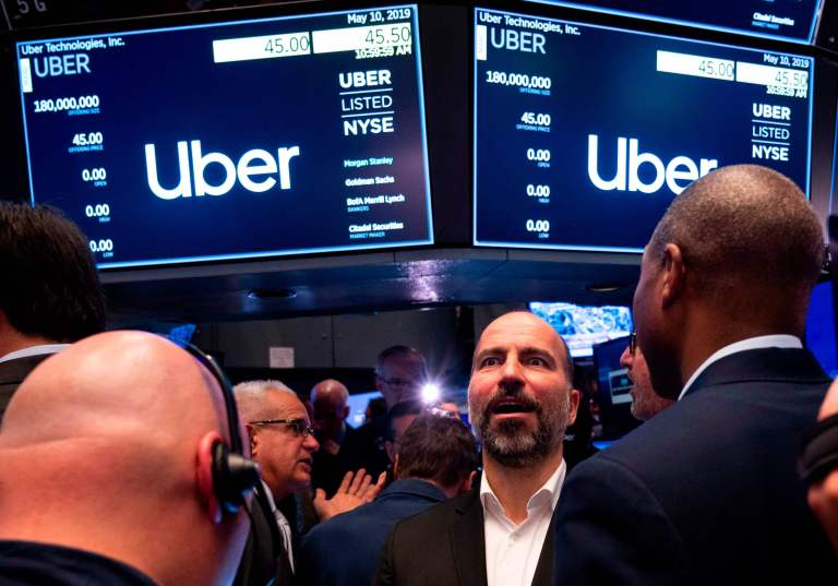 Uber cerró su primer día en la bolsa con caída de 7,56 %, hasta los US$41