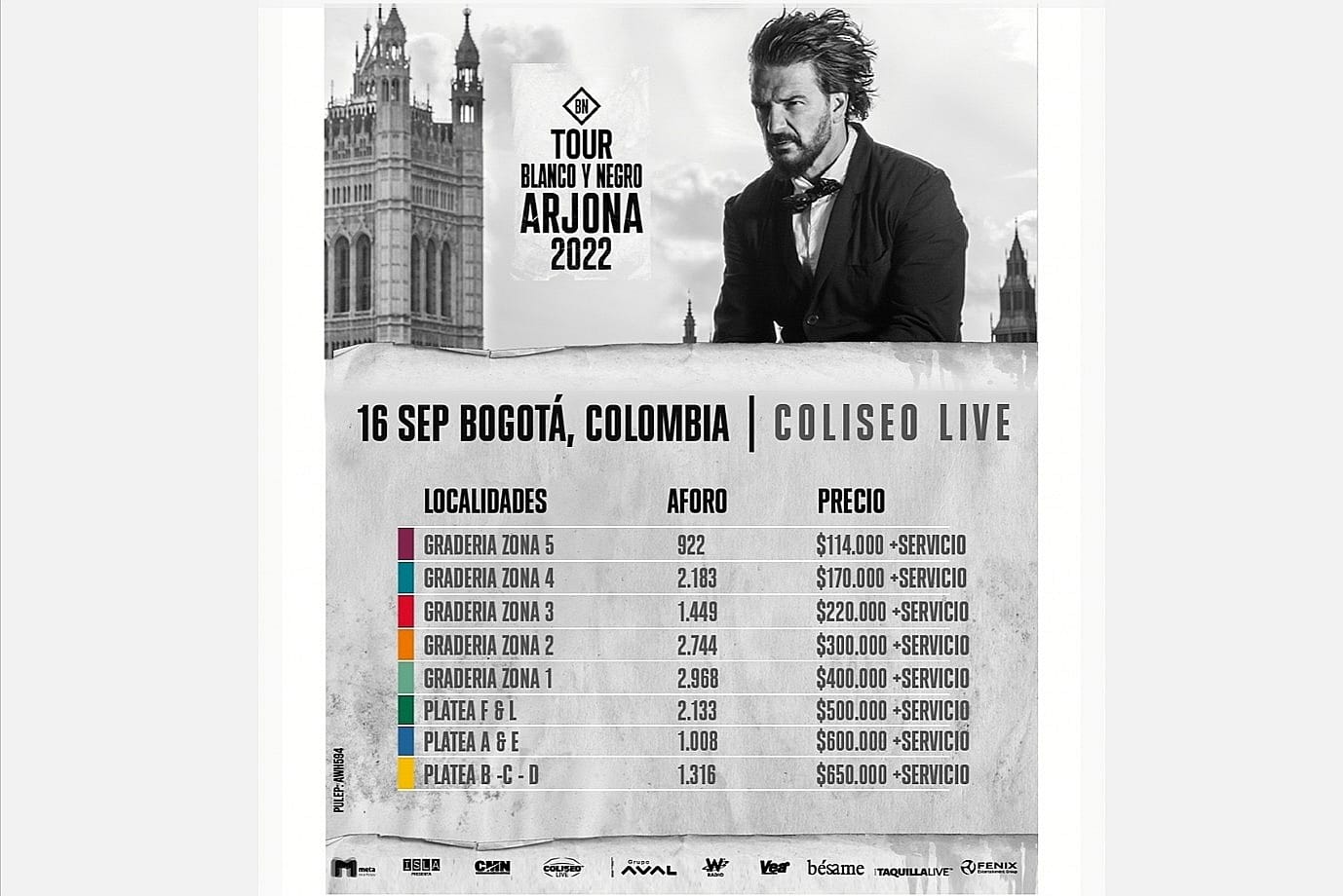 Boletería Disponible Tour Blanco y Negro Arjona 2022 Bogotá