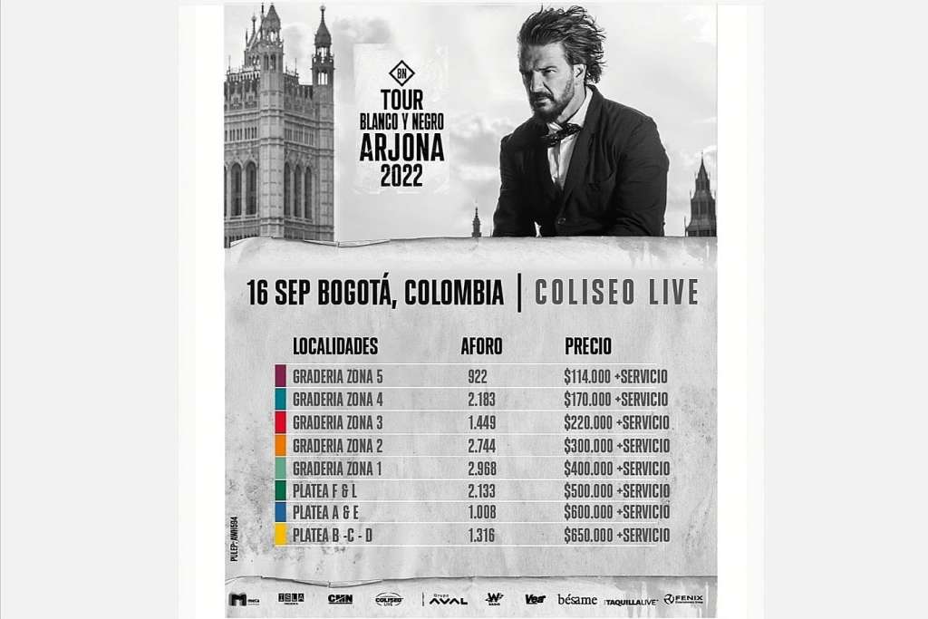 Boletería Disponible Tour Blanco y Negro Arjona 2022 Bogotá