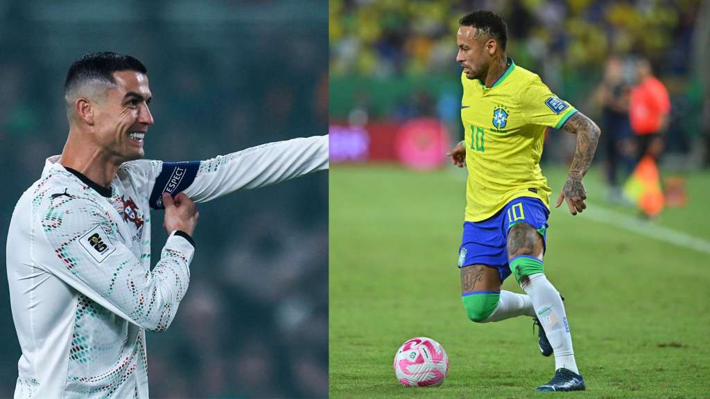 Cristiano Ronaldo con la selección nacional de Portugal y Neymar Jr. con la selección nacional de Brasil.