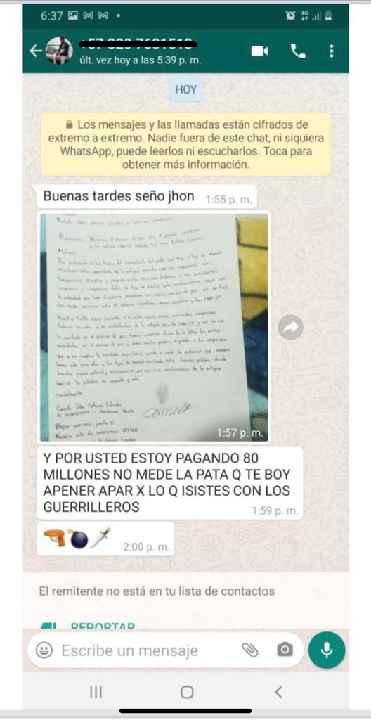 Esta fue la amenaza que le llegó a Jhón León el 10 de febrero. Allí le enviaron una carta de un integrante de las Farc dirigida al partido de la exguerrilla, a los países garantes y al gobierno colombiano en la que manifiesta que sería una deshonra a la lucha revolucionaria seguir con la falsedad del gobierno hacia el proceso de paz. No es clara la relación entre esa misiva y el mensaje amenazante a León González.