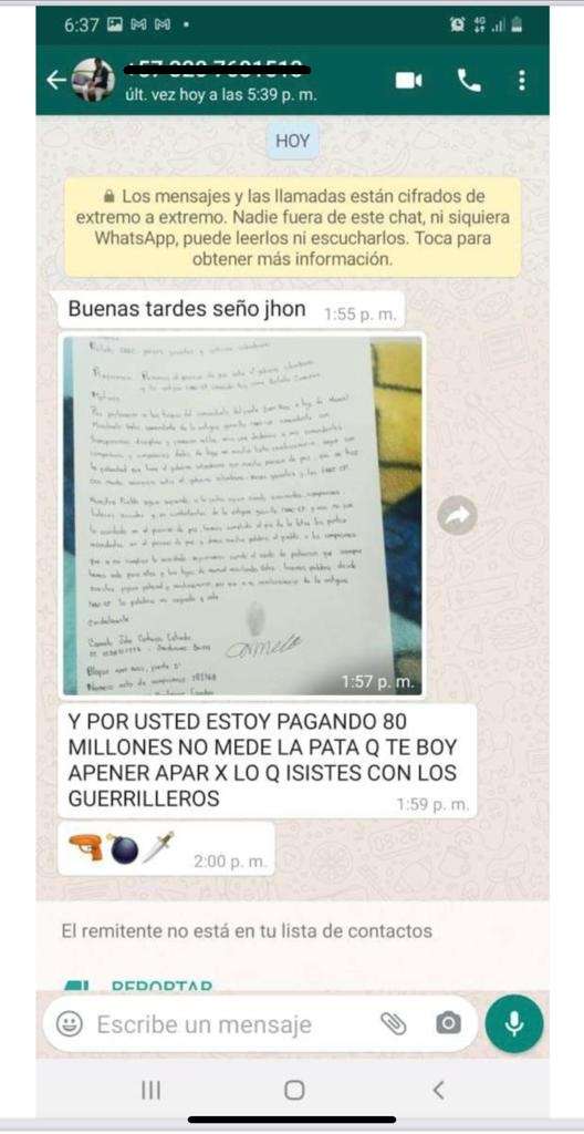 Esta fue la amenaza que le llegó a Jhón León el 10 de febrero. Allí le enviaron una carta de un integrante de las Farc dirigida al partido de la exguerrilla, a los países garantes y al gobierno colombiano en la que manifiesta que sería una deshonra a la lucha revolucionaria seguir con la falsedad del gobierno hacia el proceso de paz. No es clara la relación entre esa misiva y el mensaje amenazante a León González.