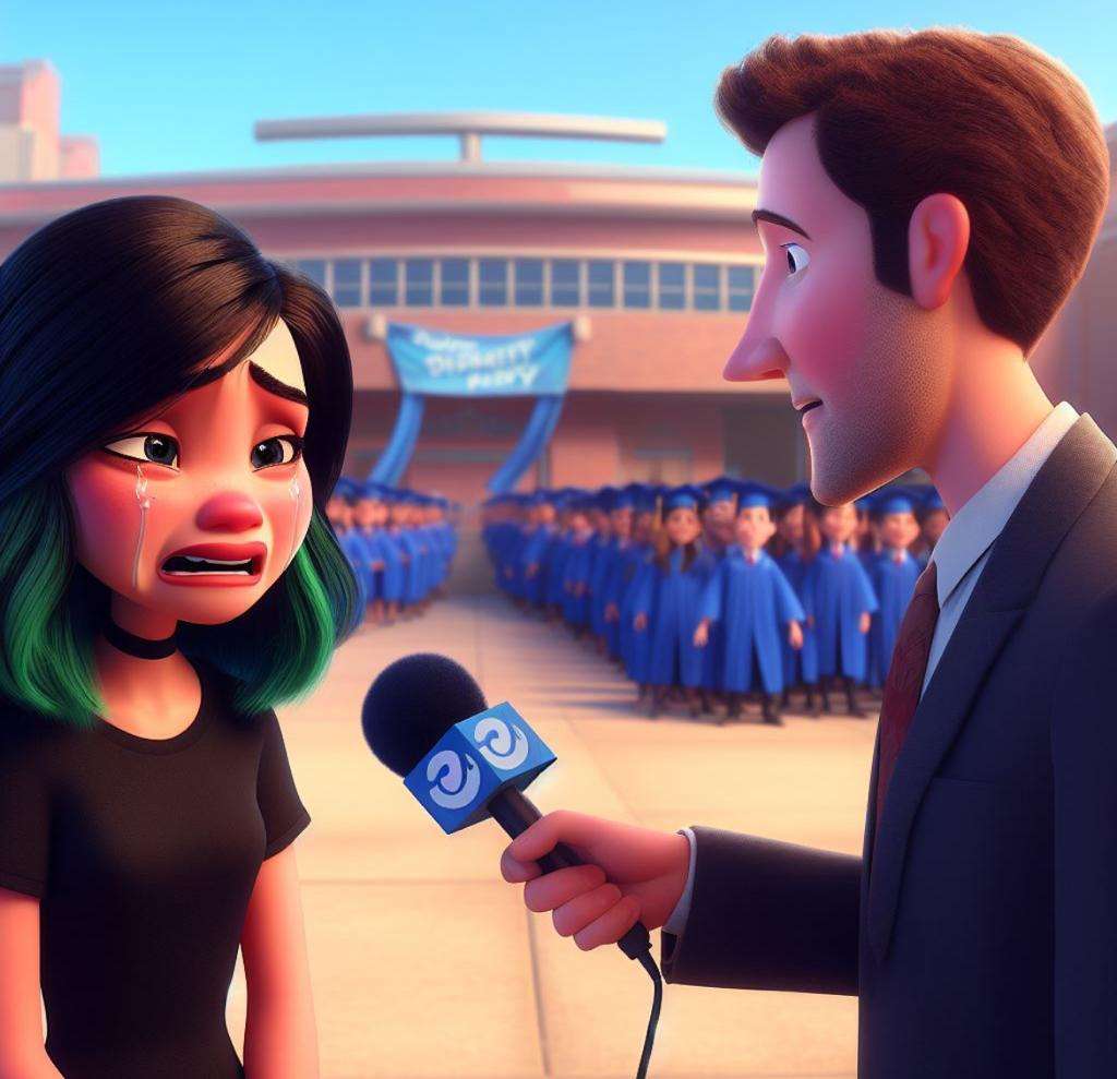 Estudiante llora cancelación del grado por pandemia, imagen creada por Inteligencia Artificial estilo Disney