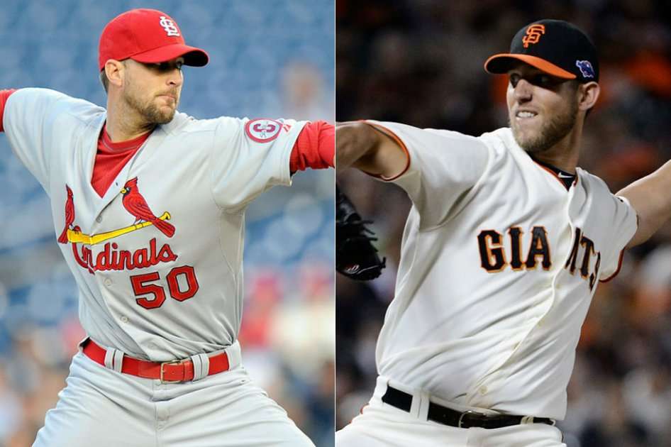 Adam Wainwright (Cardenales de San Luis) y Madison Bumgarner (Gigantes de San Francisco) serán los abridores del partido 1 de la Serie por el Campeonato de la Liga Nacional.//AFP