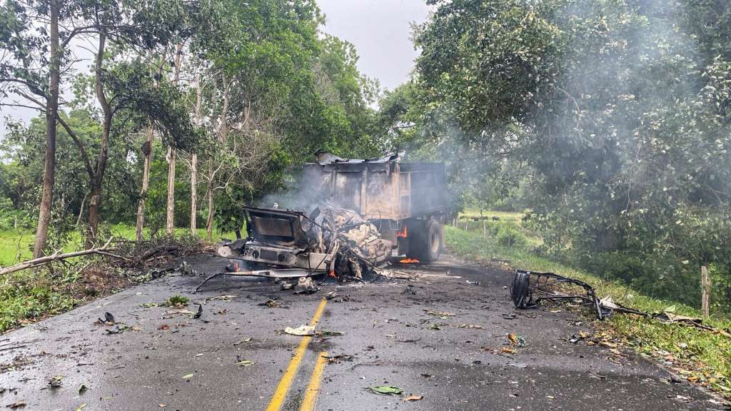 Handout picture releaseb by the Colombian Army showing the truck used in an attack attributed to ELN guerrillas against a military base in Puerto Jordan, Arauca department, Colombia, on September 17, 2024.