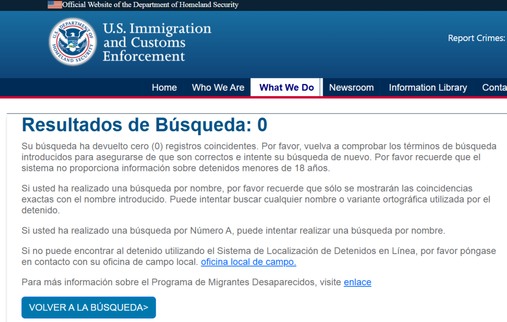 El buscador oficial de ICE (ODLS) no arroja ningún resultado bajo ese nombre ni con los parámetros compartidos por Loudon con el A-Number 220963977.