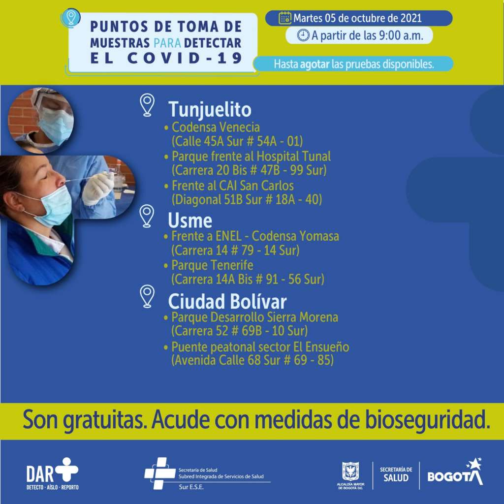 ¿Dónde hay pruebas gratuitas para COVID-19 este lunes 4 de octubre en Bogotá?