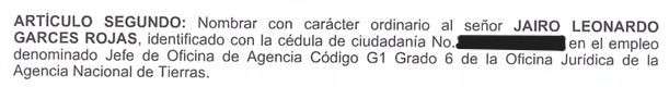El decreto que ordenó el nombramiento de Jairo Leonardo Garcés Rojas.