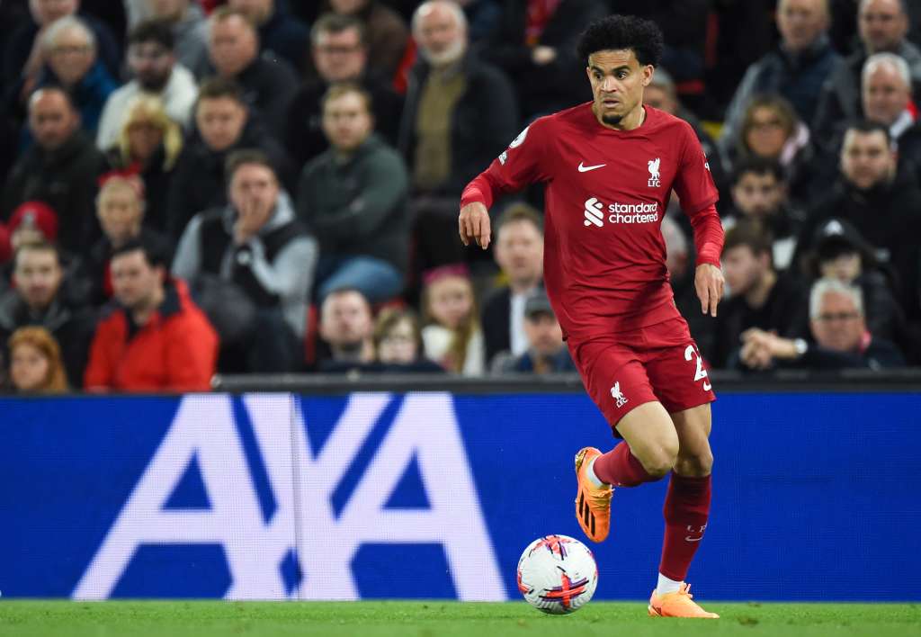 Liverpool (United Kingdom), 03/05/2023.- Luis Diaz of Liverpool in action during the English Premier League soccer match between Liverpool FC and Fulham FC, in Liverpool, Britain, 03 May 2023. (Reino Unido) EFE/EPA/PETER POWELL EDITORIAL USE ONLY. No use with unauthorized audio, video, data, fixture lists, club/league logos or 'live' services. Online in-match use limited to 120 images, no video emulation. No use in betting, games or single club/league/player publications.