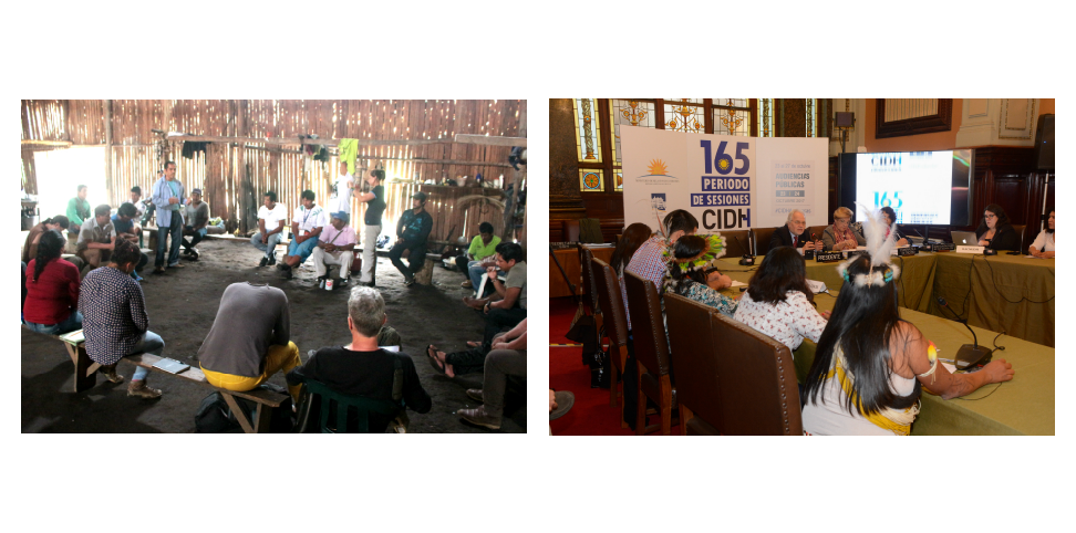 Izq. Reunión con autoridades indígenas de Brasil, Perú y Colombia y otros aliados en la maloca de Curare, Resguardo Curare Los Ingleses. Der. Audiencia sobre pueblos aislados de la CIDH.