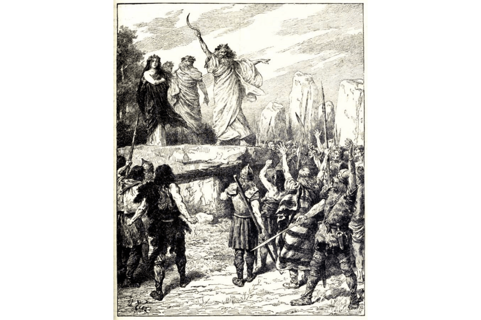 Druidas que incitan a los británicos a oponerse al desembarco de los romanos - de la Historia de Inglaterra de Cassell, vol. I