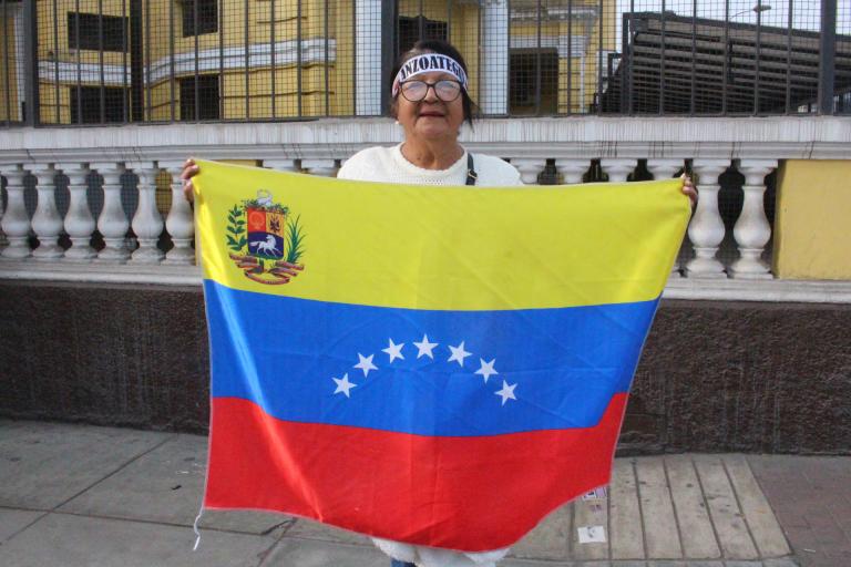 AME6443. LIMA (PERÚ), 06/12/2025.- Una mujer sostiene una bandera durante la marcha "por la paz y la libertad" en Venezuela este sábado, en Lima (Perú). EFE/ Paula Bayarte