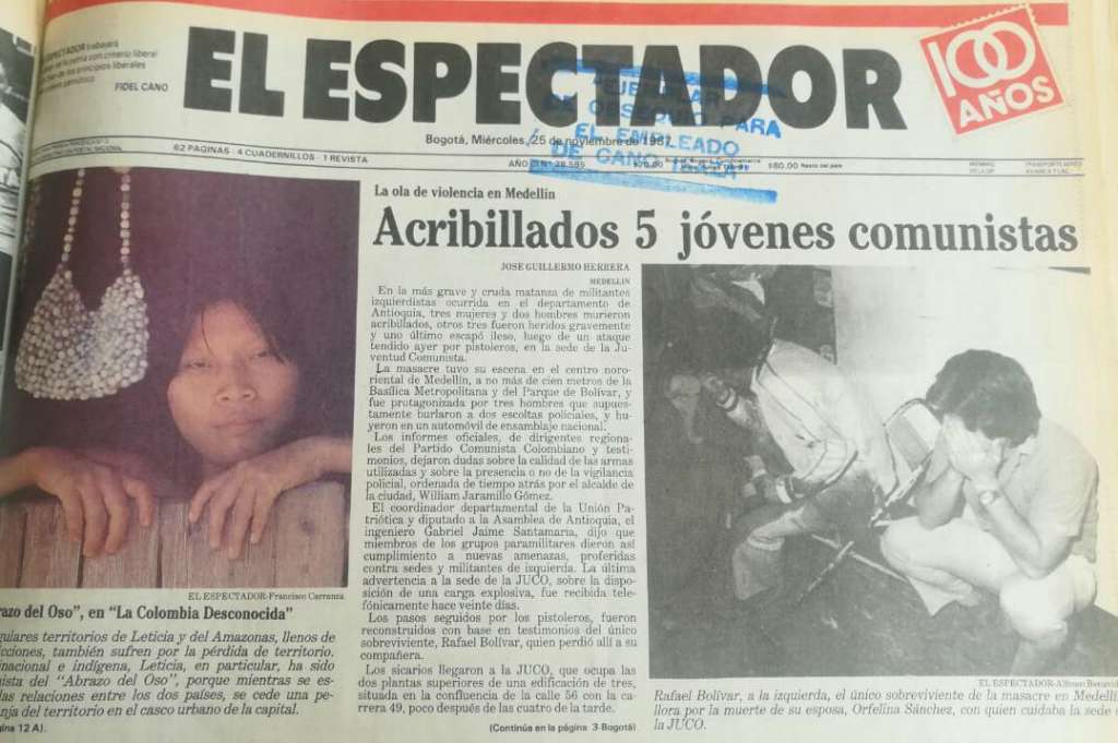 Así registró el diario El Espectador la masacre de los jóvenes comunistas.Archivo El Espectador“Después de eso no fue posible reconstruir el trabajo”, cuenta Agudelo. Antes de la masacre, la Juco hizo un censo en el que determinó que solo en Medellín tenía 300 integrantes. La organización realizaba labores intensas en colegios, universidades y barrios de esa ciudad. “Nadie quiso volver a entrar, hubo una desbandada muy grande. Yo creo que hoy no tenemos ni 50 militantes en esa ciudad”, se lamenta.
