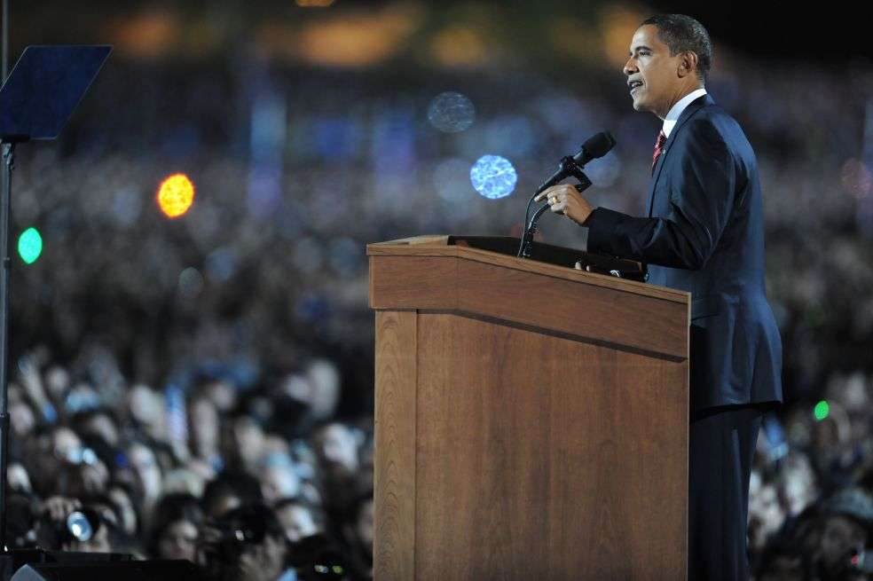 Uno de los discursos más emblemáticos de Obama, en Chicago, Illinois, el 5 de noviembre de 2008. / AFP