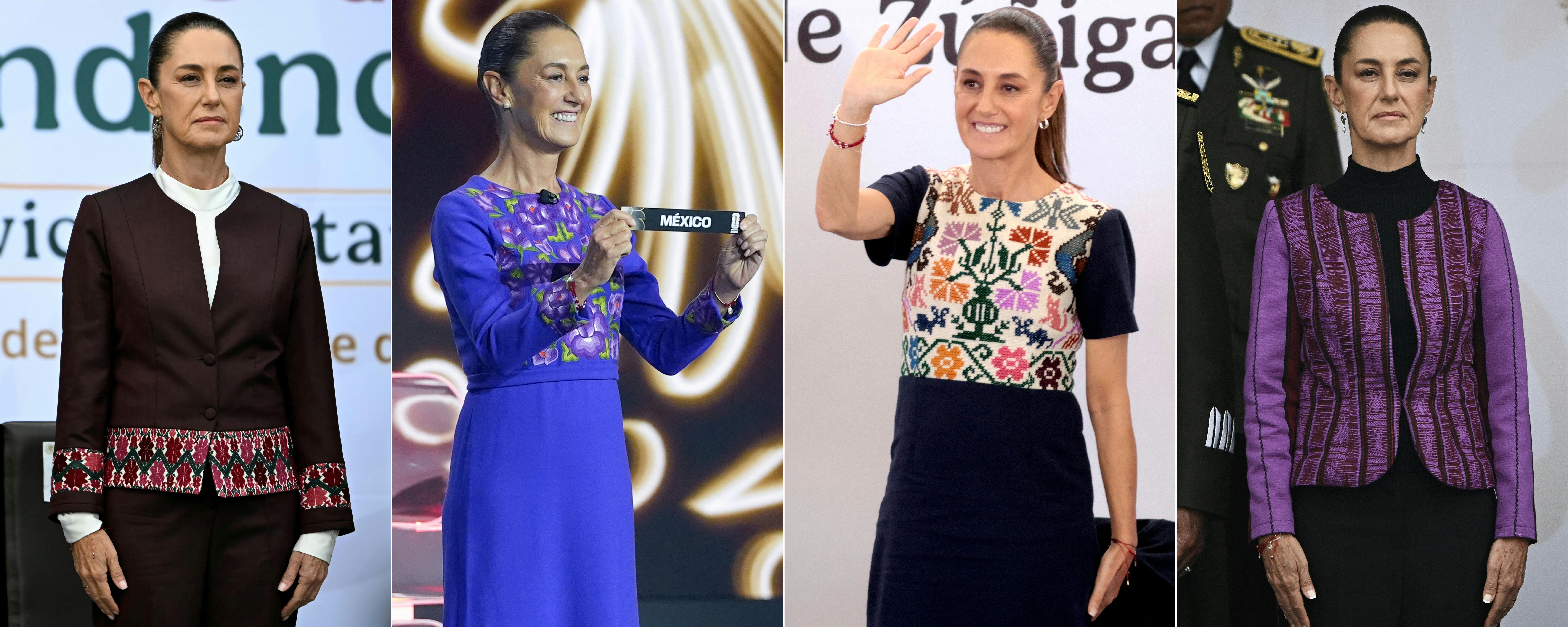 Claudia Sheinbaum, durante un desfile militar para conmemorar la independencia de México, en la Ciudad de México, el 16 de septiembre de 2025; durante el sorteo de la Copa Mundial de Fútbol de la FIFA 2026 en el Kennedy Center, en Washington, D.C., el 5 de diciembre de 2025; durante la inauguración de la primera fase del Hospital Regional de Tlajomulco en Tlajomulco de Zúñiga, estado de Jalisco, México, el 8 de agosto de 2025, y durante un desfile militar por el 214.º aniversario del Día de la Independencia en la Plaza del Zócalo de la Ciudad de México el 16 de septiembre de 2024. / AFP