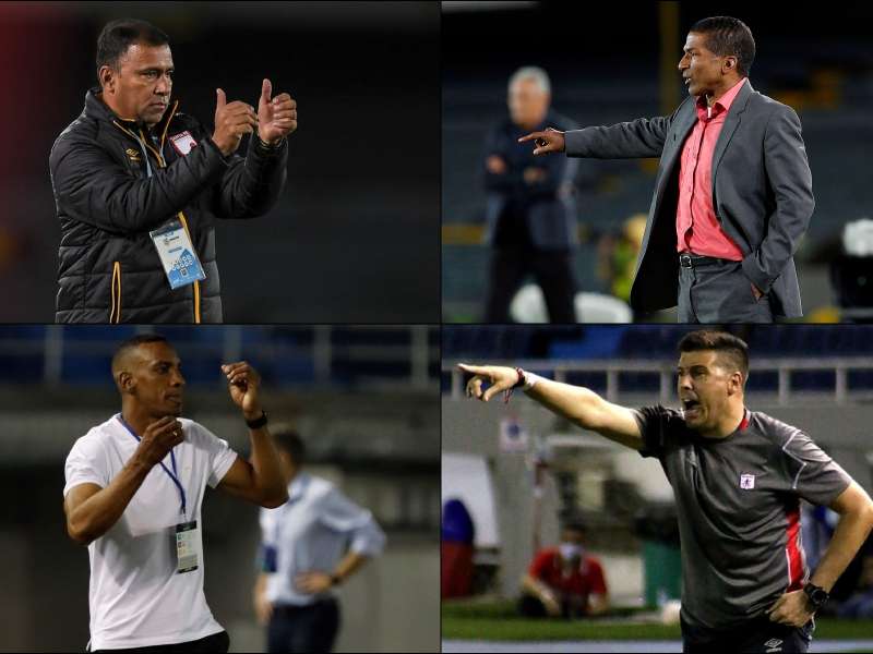 Hárold Rivera, Alexis García, Luis Amaranto Perea y Juan Cruz Real, técnicos de los semifinalistas de la Liga BetPlay. / Dimayor y EFE
