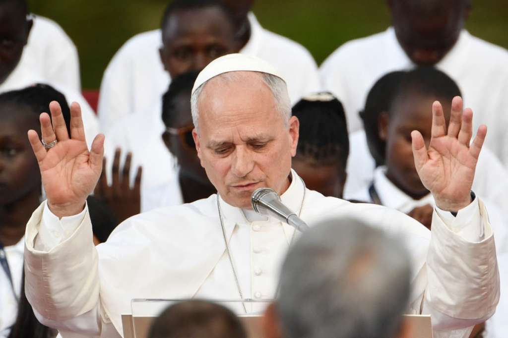 Pope Leo XIV makes a speech at the end of a concert in Borgo Laudato Si, a 55-hectare educational and environmental center, at Castel Gandolfo on July 29, 2026.