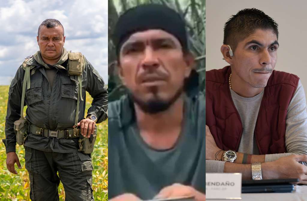 (Izq a der.) Alexander Díaz Mendoza, conocido como Calarcá Córdoba, Javier Alfonso Velosa García, John Mechas, y Andrey Avendaño, jefes de estructuras de la disidencia Estado Mayor de los Bloques y Frente.