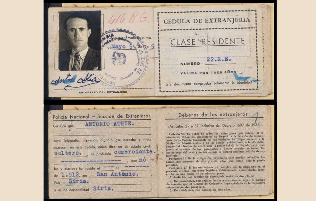 Cédula de Extranjería de comienzos del Siglo XX, como se registraban los árabes sirio-libaneses que llegaban a Colombia.