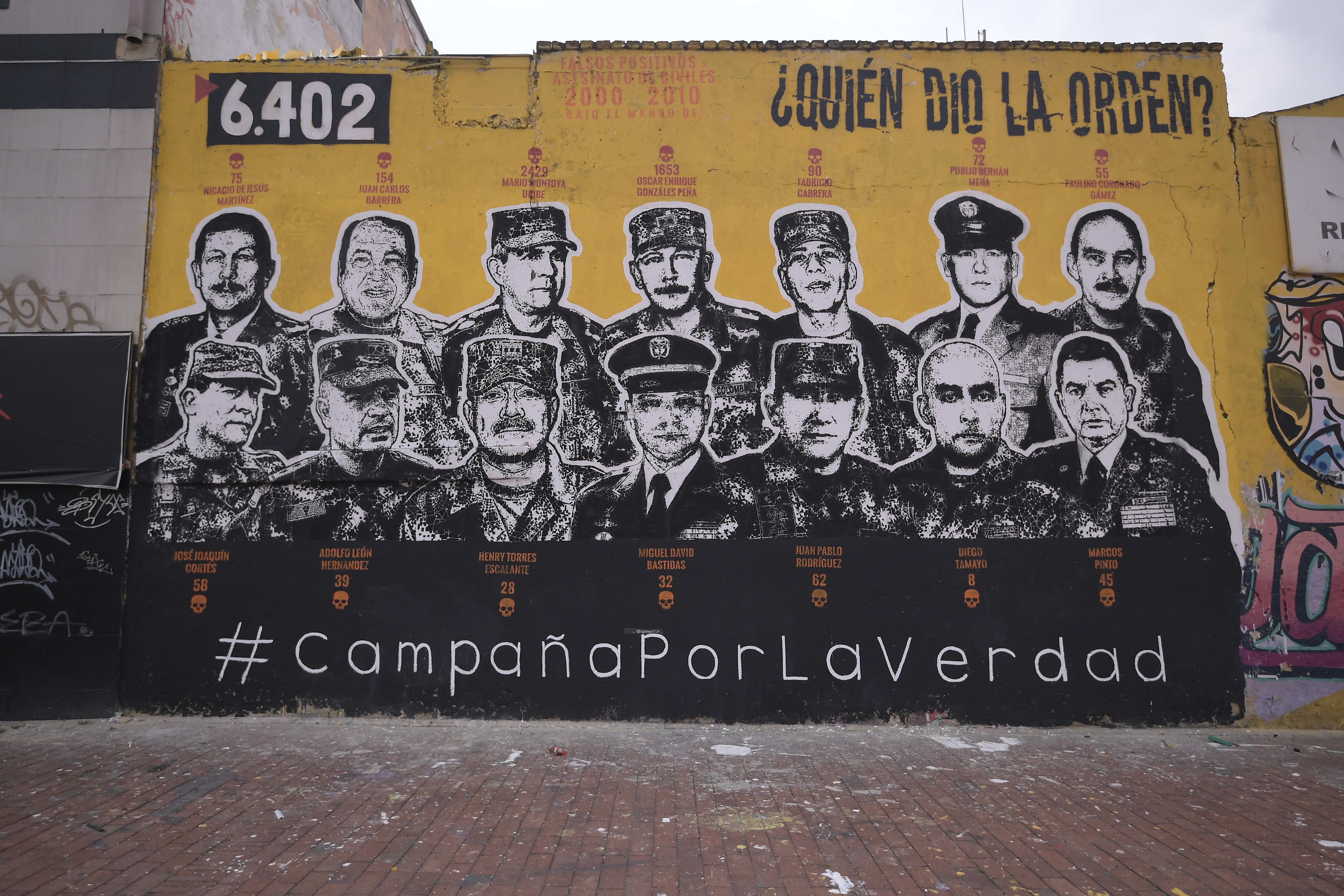 Víctimas de Falsos Positivos instalaron el mural "¿Quién dio la orden?", el cual fue censurado y borrado por militares la primera vez.