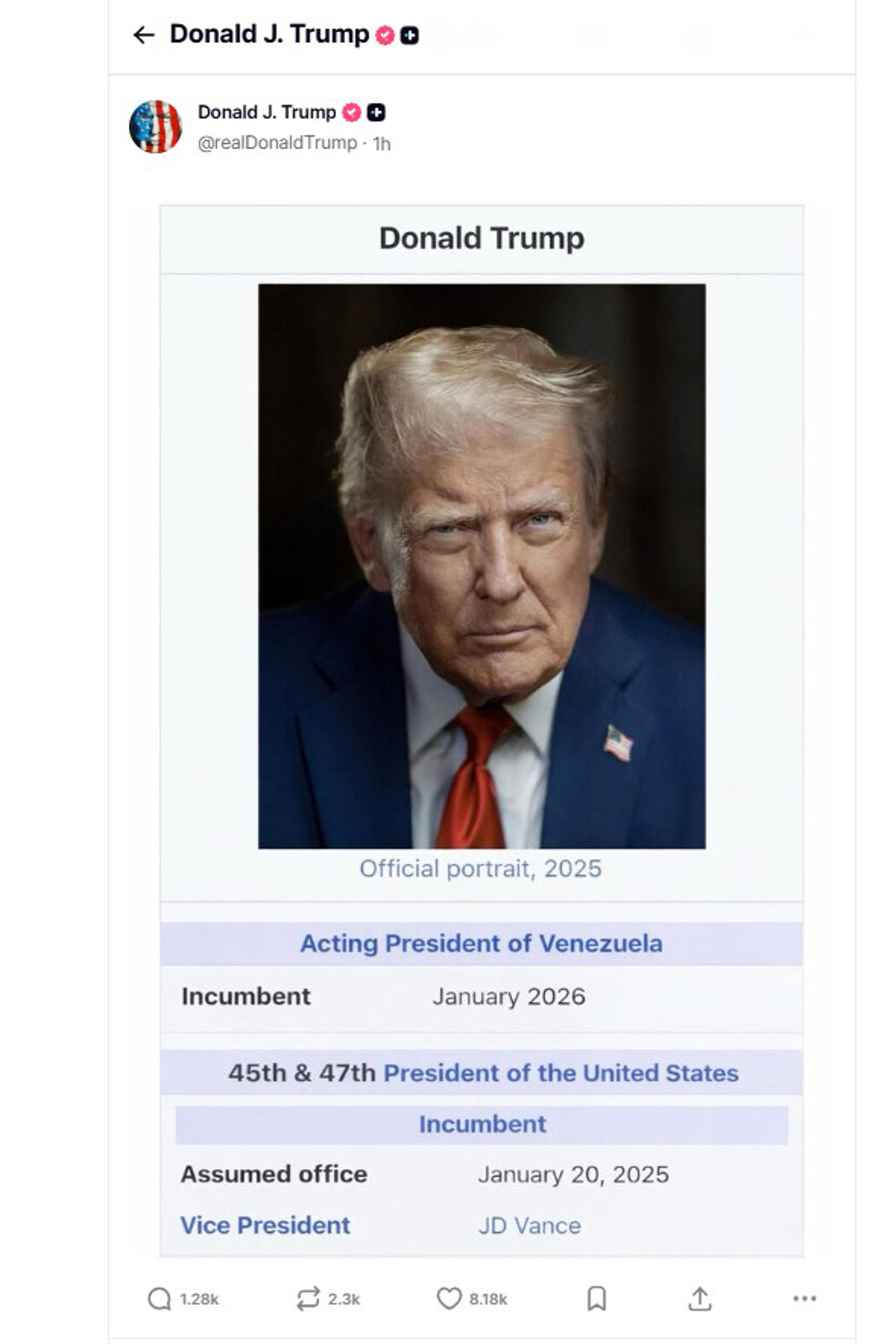 AME4512. BOGOTÁ (COLOMBIA), 11/01/2026.- Captura de una publicación en la cuenta en Truth Social @realDonaldTrump del presidente de Estados Unidos, Donald Trump. Trump publicó este domingo una imagen manipulada de su perfil en Wikipedia, en la que se atribuye el cargo de "presidente interino de Venezuela" a fecha de enero de 2026. EFE/ @realDonaldTrump /SOLO USO EDITORIAL/ SOLO DISPONIBLE PARA ILUSTRAR LA NOTICIA QUE ACOMPAÑA (CRÉDITO OBLIGATORIO)