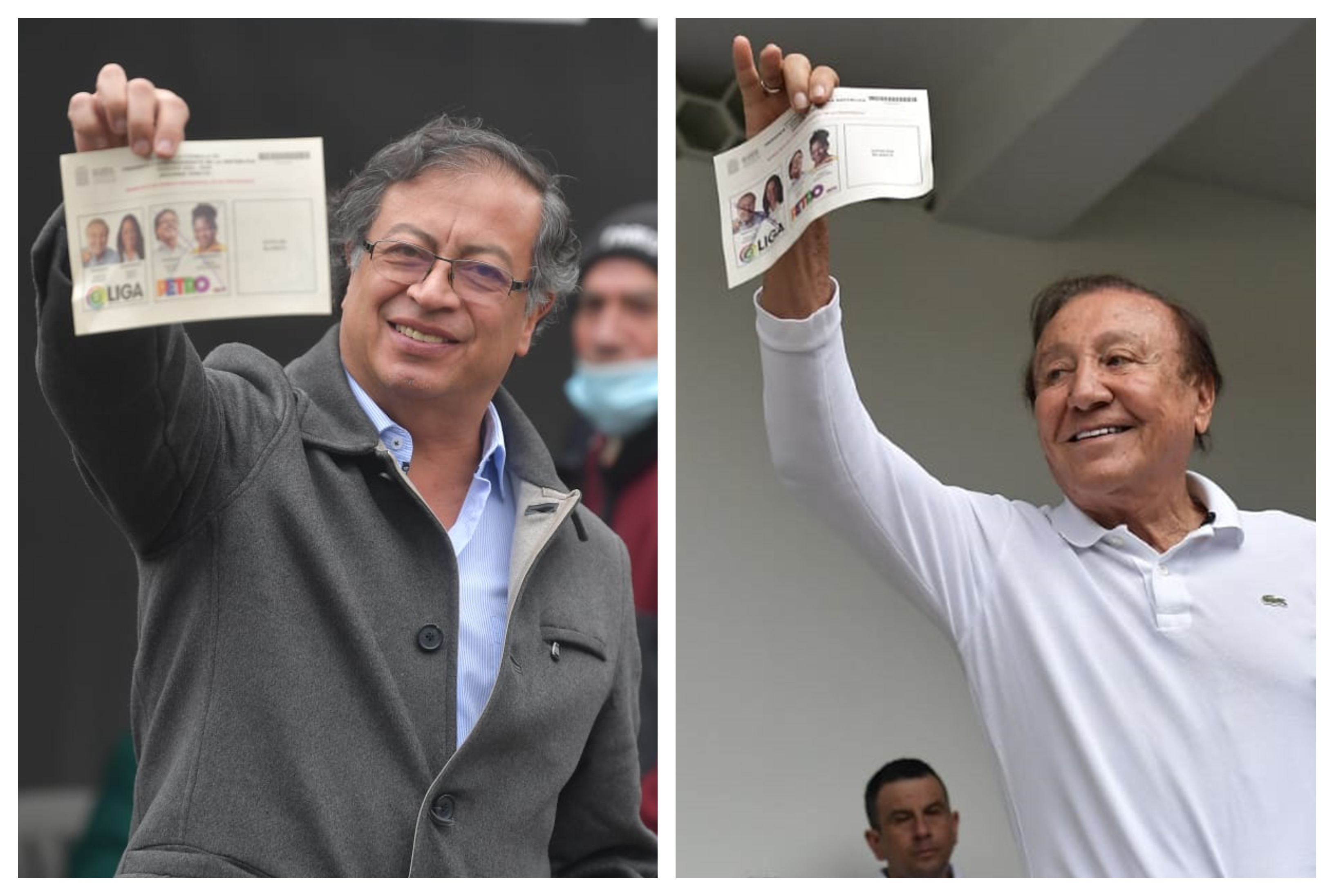Los candidatos presidenciales Gustavo Petro y Rodolfo Hernández, muestran su voto durante en sus respectivos puestos de votación