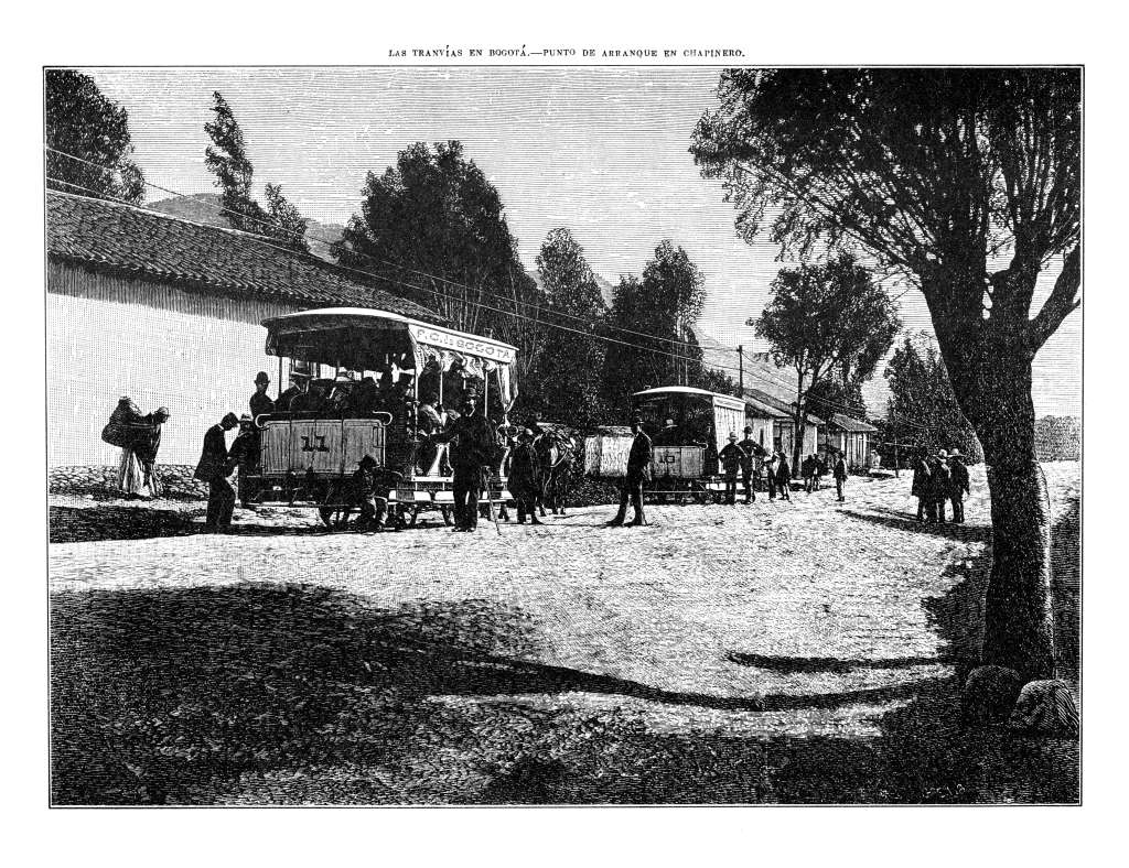 Los tranvías en Bogotá. Punto de arranque en Chapinero, 1885.
Fuente: Papel Periódico Ilustrado, 1 de mayo de 1885: 288.