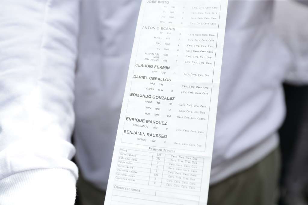 AME6561. CARACAS (VENEZUELA), 30/07/2024.- Un hombre muestra una papeleta del Consejo Nacional Electoral (CNE) de Venezuela con los resultados de una mesa de votación durante una manifestación de apoyo al candidato a la presidencia de Venezuela Edmundo González Urrutia este martes, en Caracas (Venezuela). Miles de venezolanos se han concentrado este martes en Caracas, en un acto convocado por la oposición mayoritaria, para rechazar por segundo día consecutivo lo que consideran es un fraude en los resultados oficiales del Consejo Nacional Electoral (CNE), que en la víspera proclamó a Nicolás Maduro como presidente reelecto con el 51,2 % de los votos. EFE/ Ronald Peña R.