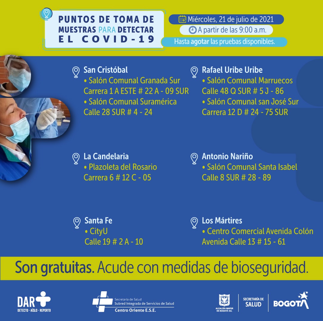 ¡Ojo! Estos serán los puntos de pruebas para COVID-19 este miércoles en Bogotá