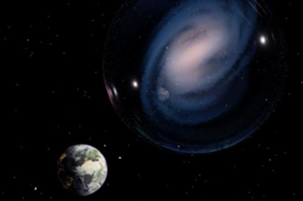 Representación artística de la galaxia espiral barrada ceers-2112, observada en el universo primitivo. La Tierra se refleja en una burbuja ilusoria que rodea la galaxia, recordando la conexión entre la Vía Láctea y ceers-2112.