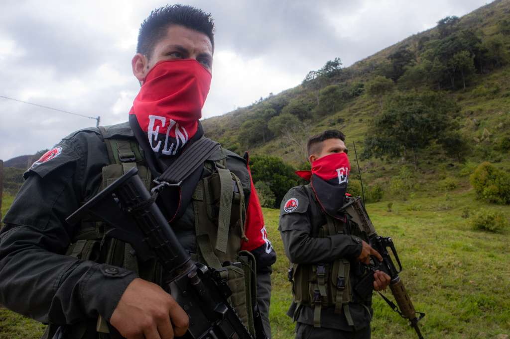 Members of the Manuel Vázquez Castaño Northeastern War Front in Catatumbo of the National Liberation Army (ELN) patrol during an interview with AFP in the Catatumbo's Mountains on March 08, 2025.