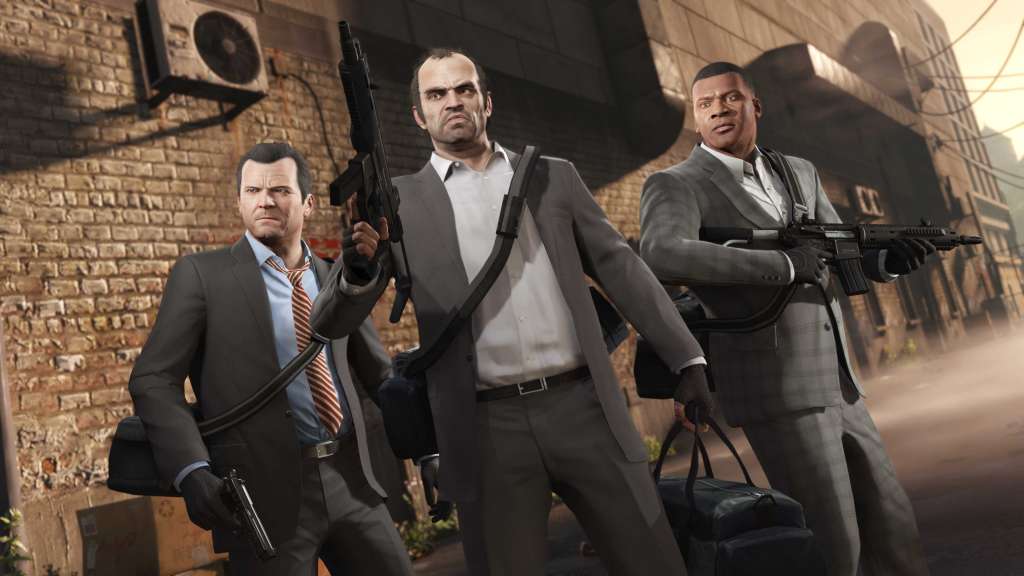 Los tres personajes principales de Grand Theft Auto V en medio de una misión. Michael (izq), Trevor (cen) y Franklin (der).