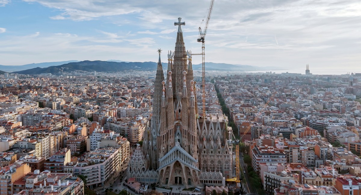 (FILES) This aerial photograph taken from a drone on April 22, 2026, shows a general view of the Sagrada Familia Basilica in Barcelona.