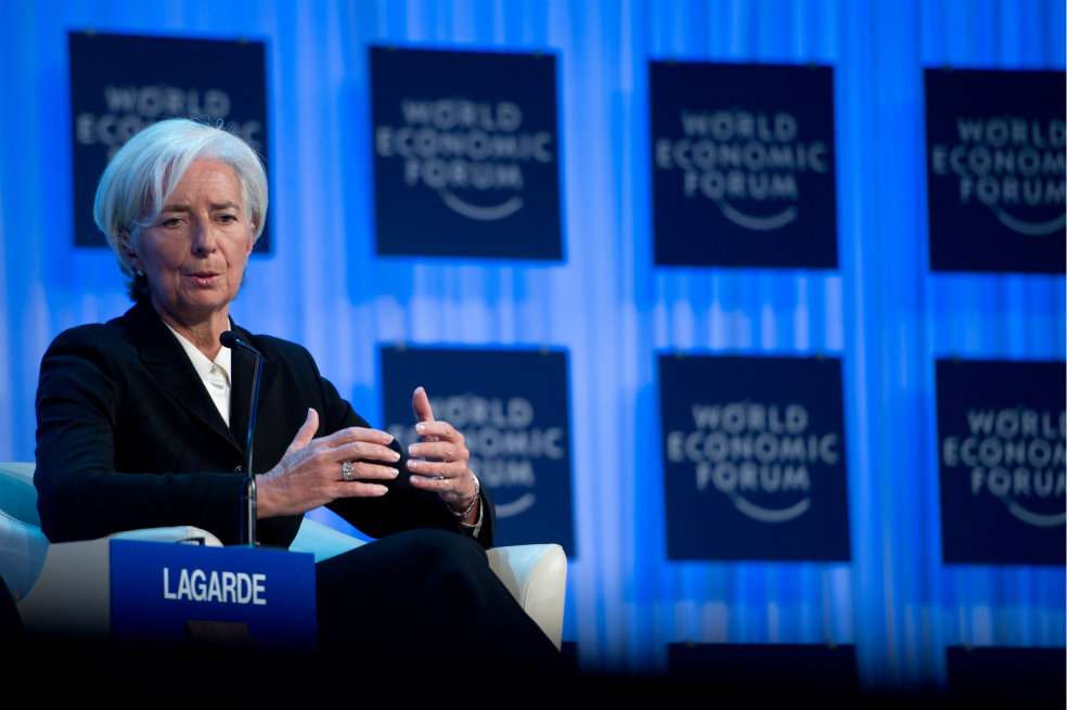 Christine Lagarde, jefa del FMI, en su intervención de ayer en Davos. / AFP