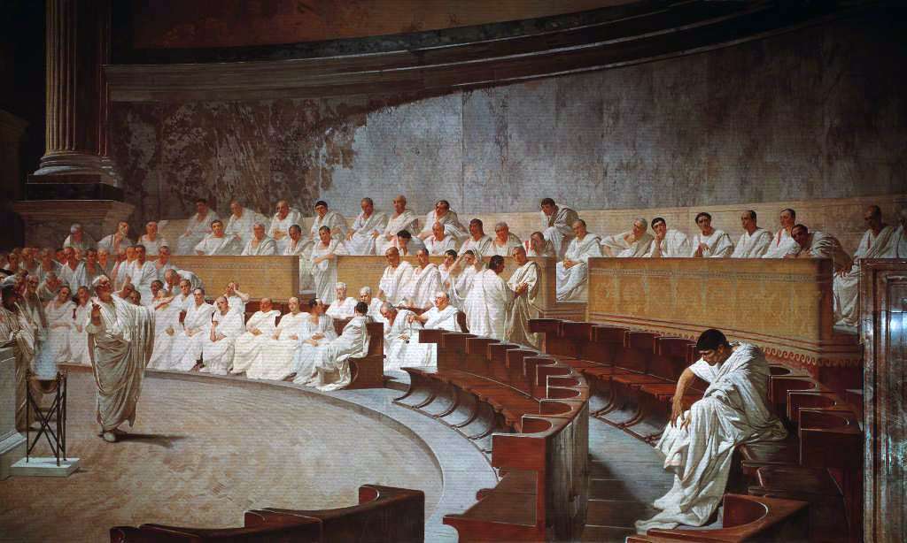 Cicerón denuncia a Caitilina ante el senado romano (fresco del siglo XIX).