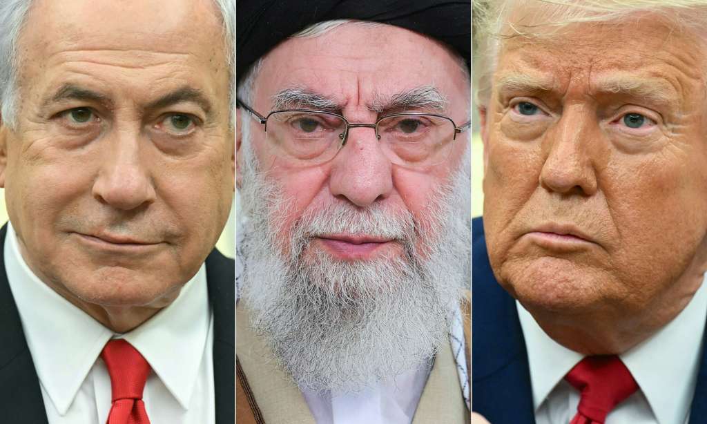 This combination of pictures created on June 21, 2025 shows Israeli Prime Minister Benjamin Netanyahu (L) looks in Washington, DC, on April 7, 2025, a handout picture released by the official website of Iran's Supreme leader Ayatollah Ali Khamenei (C) in Tehran on March 20, 2025, and US President Donald Trump (R) in Washington, DC, on April 7, 2025. President Donald Trump said June 21, 2025 the US military has carried out a "very successful attack" on three Iranian nuclear sites, including the crucial underground uranium enrichment facility at Fordo. Trump said a "full payload of BOMBS" was dropped on Fordo, in a surprise announcement that came just two days after he had apparently opened a two-week window for diplomacy (Photo by SAUL LOEB / various sources / AFP) / RESTRICTED TO EDITORIAL USE - MANDATORY CREDIT "AFP PHOTO / IRANIAN SUPREME LEADER'S WEBSITE" - NO MARKETING NO ADVERTISING CAMPAIGNS - DISTRIBUTED AS A SERVICE TO CLIENTS