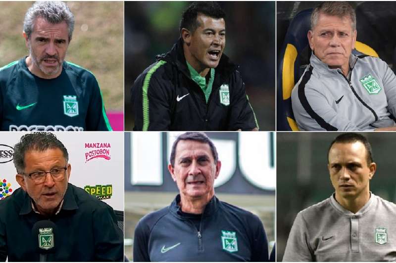 Juan Manuel Lillo, Jorge Almirón, Paulo Autuori, Juan C. Osorio, Alexandre Guimaraes y Alejandro Restrepo, extécnicos de Nacional. / Atlético Nacional y agencias