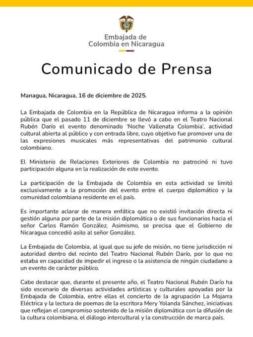 Comunicado oficial de la Cancillería y la embajada de Colombia en Nicaragua.