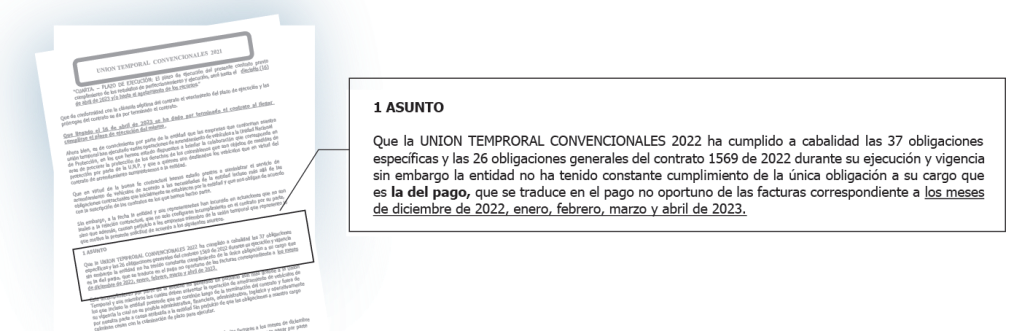 Documento enviado a la UNP, donde los contratistas reclaman el pago de cinco meses.