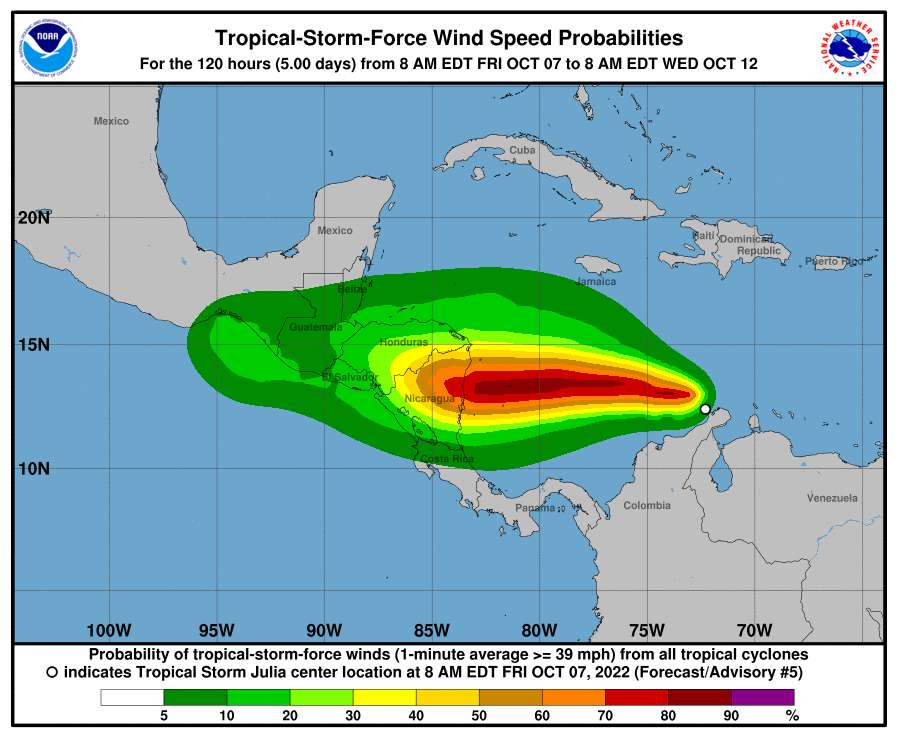 Estas son las probabilidades de velocidades de vientos en la zona donde está avanzando Julia.