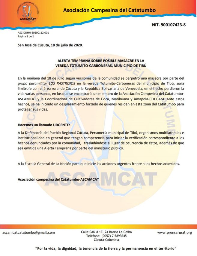 Comunicado No.1 de Ascamcat.