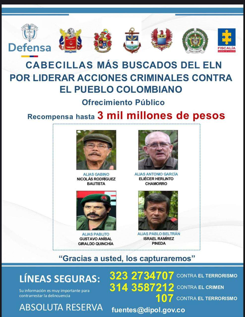 El gobierno está ofreciendo $3.000 millones de recompensa por los cuatro líderes del ELN.