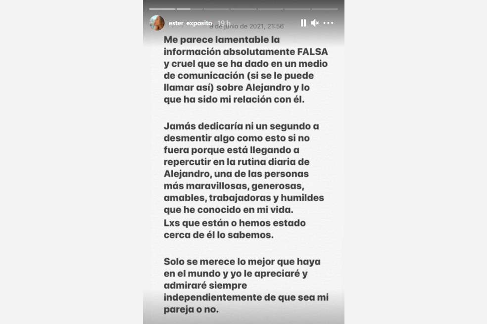Las historias de Instagram de Ester Expósito y Alejandro Speitzer no confirman o desmienten los rumores de ruptura.