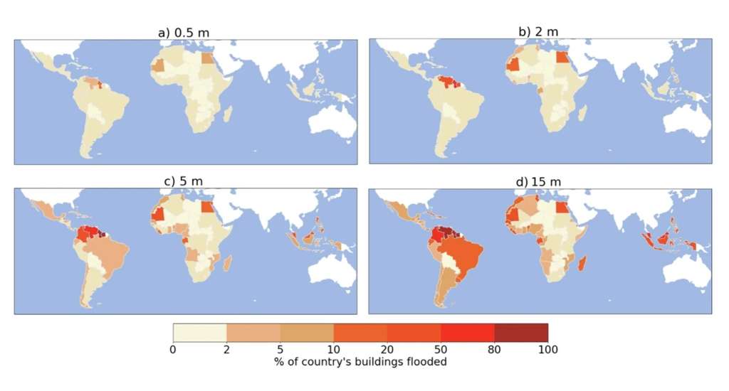 En las cuatro imágenes se puede observar escenarios de aumento del nivel del mar de 0,5 metros; 2 metros; 5 metros; y 15 metros.