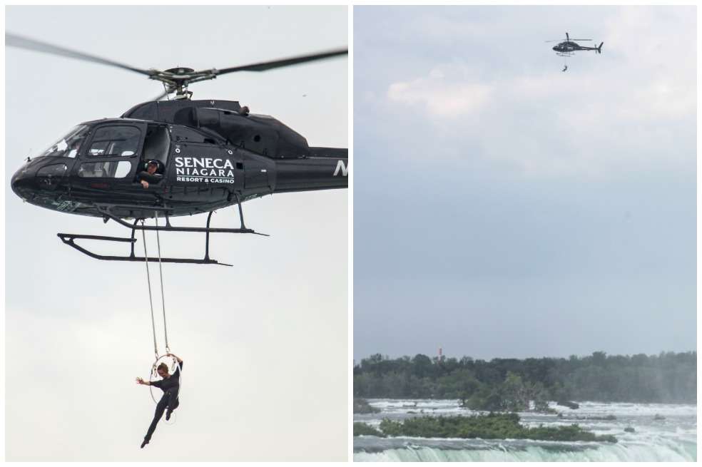 Acróbata Erendira Wallenda se cuelga por la boca de un helicóptero sobre el Niágara. / AFP