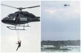 Acróbata se cuelga por la boca de un helicóptero sobre el Niágara