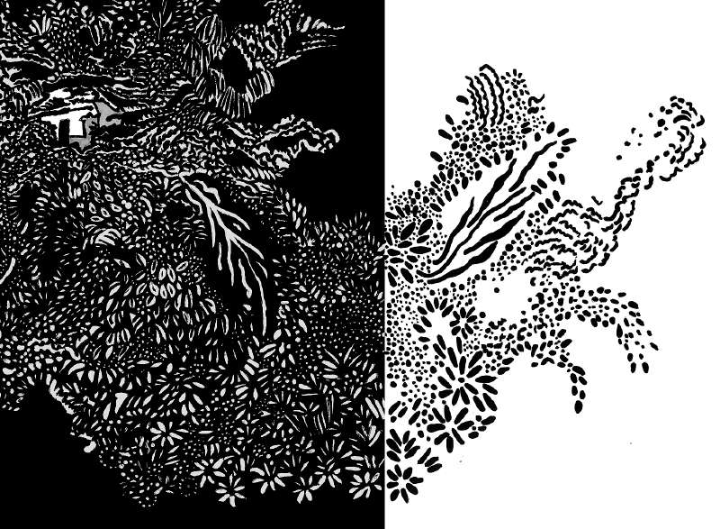 Ilustración de la naturaleza en El Salado, interpretación de María Isabel Rueda para el poema "La mata". / María Isabel Rueda