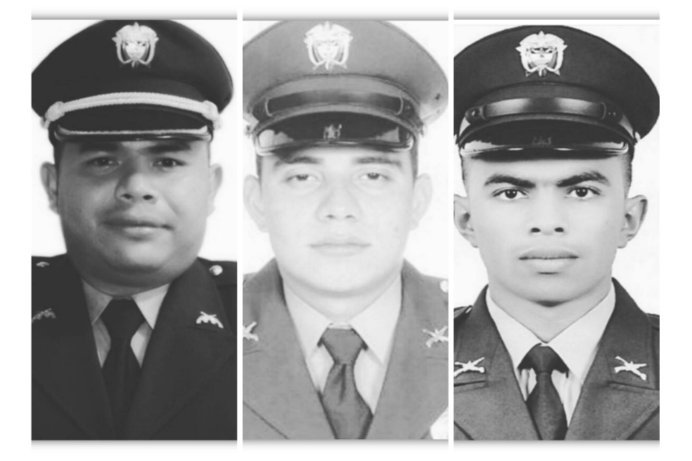 De izq. a Der. Wilfredo Madrigal Galvis de 32 años, 8 años de servicio en la Policía. Es natural de Rovira (Tolima) y era el comandante de la Unidad Básica de Carabineros (UBICAR). Juan Gabriel Narváez con 7 años de servicio en la Policía. Es natural de Venadillo (Tolima), laboró en los Escuadrones Móviles de Carabineros en Quindío y Cauca, y fue integrante de la Unidad Básica de Carabineros (UBICAR). Finalmente, Carlos Alfredo Lara, quien con 27 años de edad había cumplido 4 dentro de la Policía. Es natural de Lorica (Córdoba), laboró en los Escuadrones Móviles de Carabineros en Quindío y Cauca, y fue integrante de la Unidad Básica de Carabineros (UBICAR) en Miranda. /Archivo Policía.